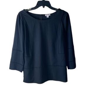 Merona Lattice Trim Top Blouse Women's Sz Small Petite Crochet 3/4 Sleeve Black
